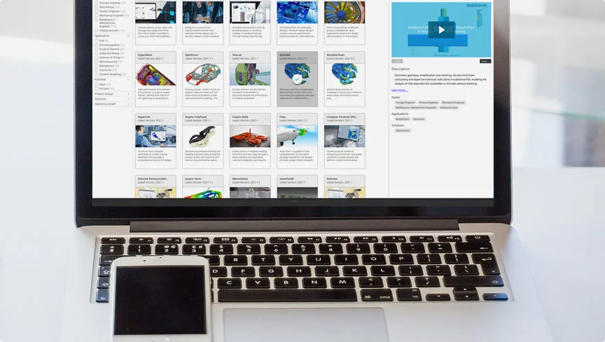 Catálogo de aplicaciones del Altair One Marketplace en la pantalla de una laptop