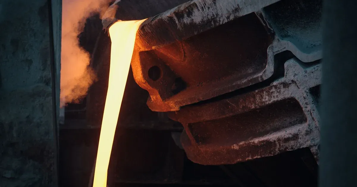 Stream of glowing molten metal pouring from the lip of a foundry vessel in a dark industrial hall
