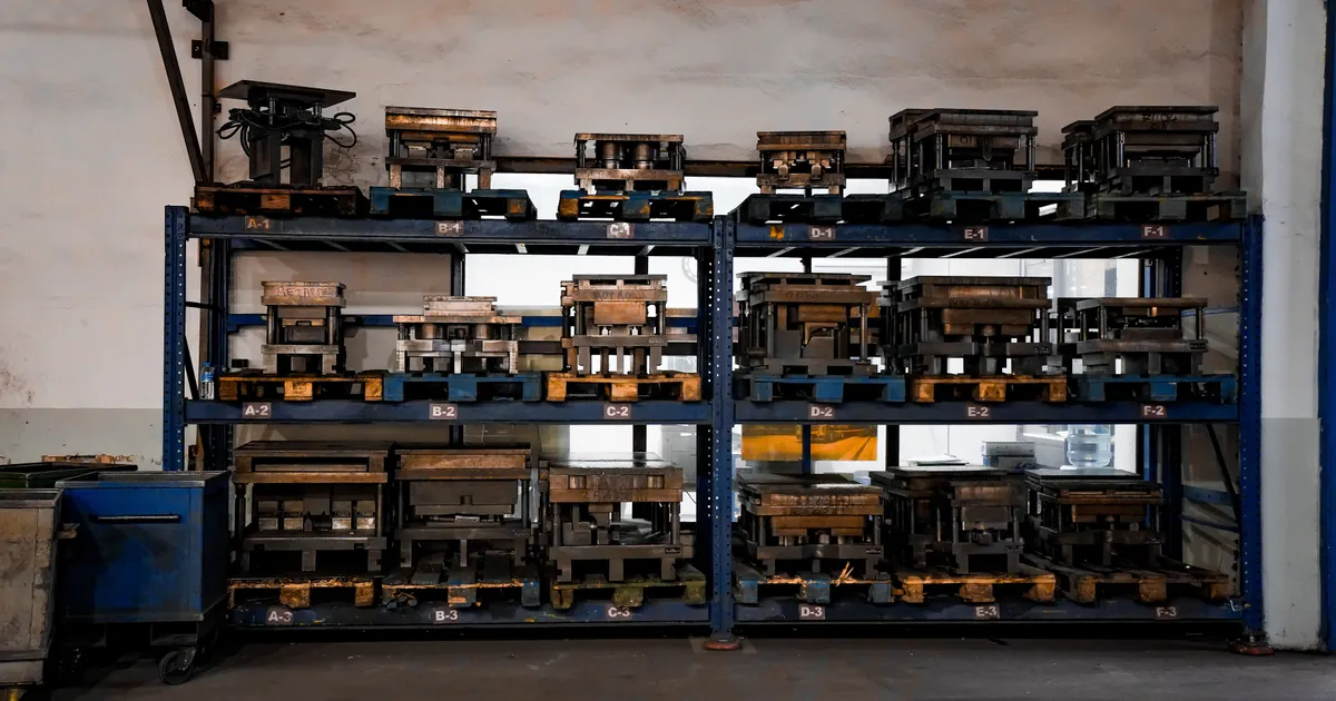 Rows of heavy steel molds and dies stored on labelled blue industrial racking in a tool shop