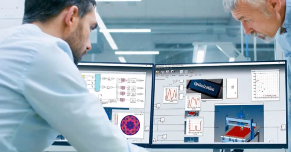 Dos ingenieros revisan en pantallas los resultados de una simulación de fundición a presión