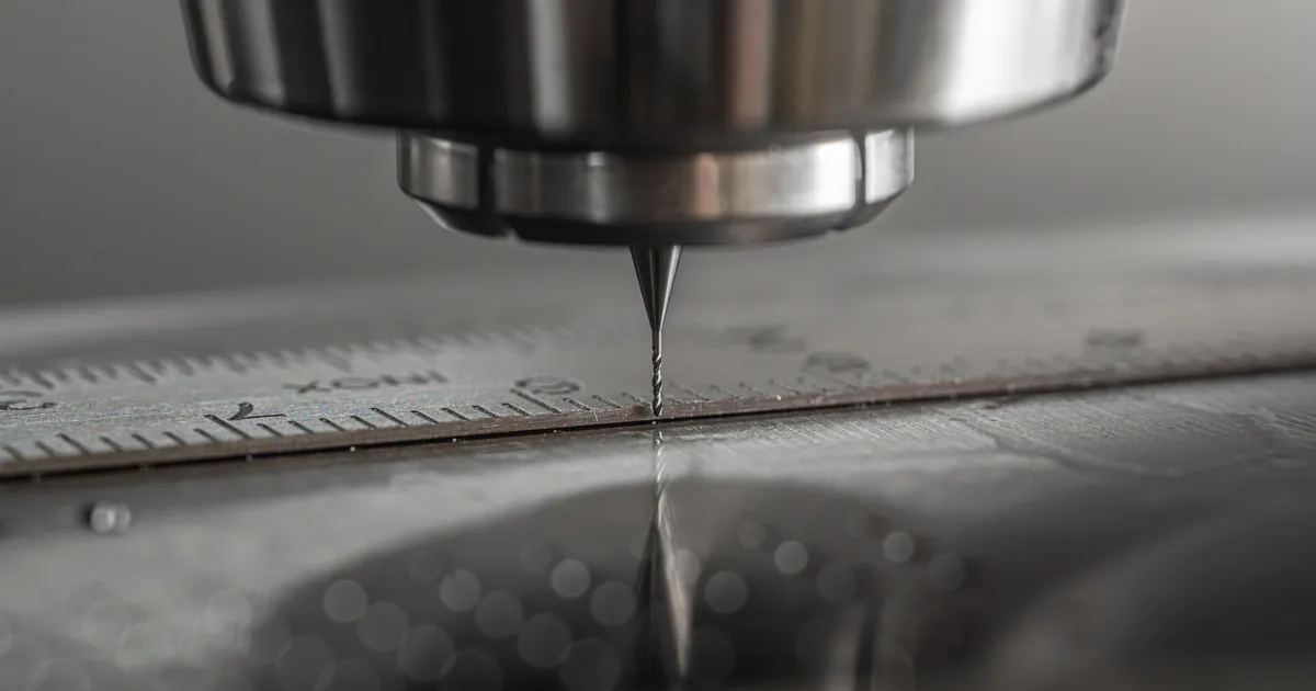 Herramienta muy fina de una fresadora CNC mecanizando una superficie de acero pulida junto a una regla graduada