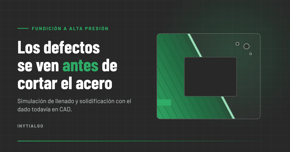 Mapa de llenado simulado de una cavidad de fundición a presión, con el frente de metal en verde sobre fondo gris carbón
