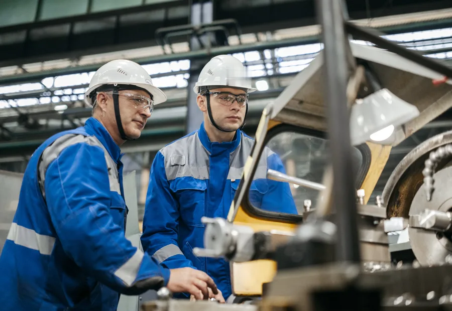 Dos técnicos con casco revisando una máquina en planta
