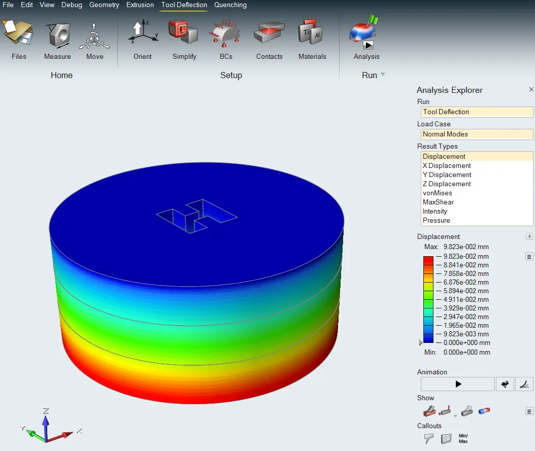 Análisis de deflexión de herramienta en Simcenter Inspire Extrude Metal: matriz cilíndrica coloreada por desplazamiento, con la barra de pestañas Extrusion, Tool Deflection y Quenching y el panel Analysis Explorer