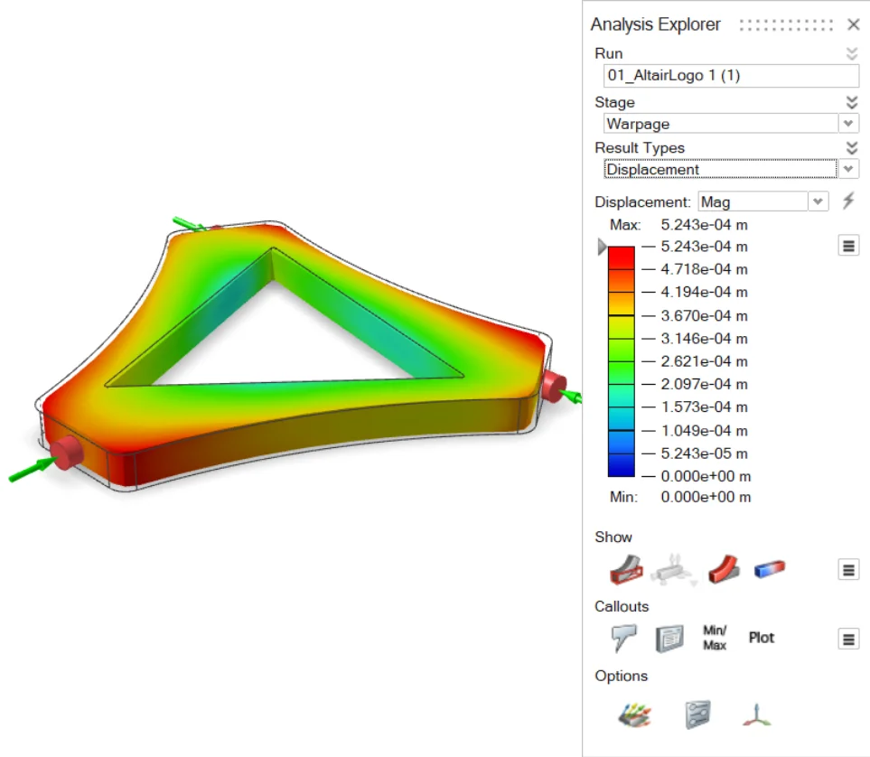 Resultado de alabeo en Simcenter Inspire Mold: mapa de desplazamientos en colores sobre una pieza triangular con sus puntos de inyección, junto al panel Analysis Explorer