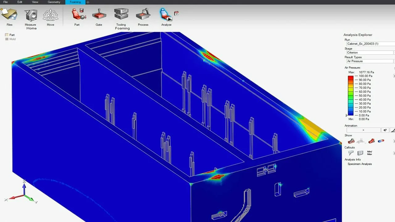 Interfaz de Inspire Polyfoam con el resultado de presión del aire en un gabinete con paredes de espuma: las manchas rojas y amarillas marcan dónde se acumula el aire